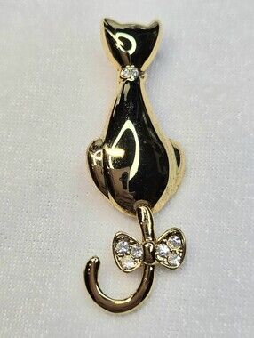 Vintage Gold-toned Rhinestone Articulated Cat Brooch / Pin